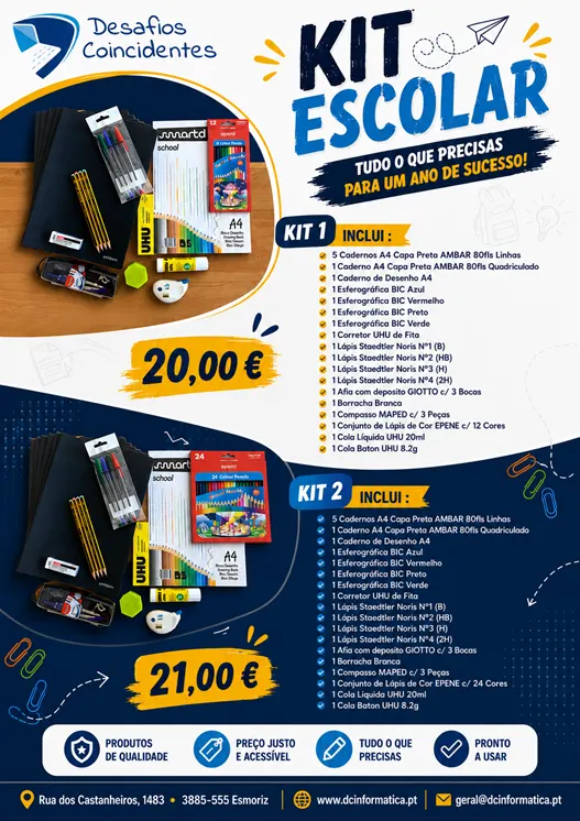 Cartaz Kit Escolar 2026 da Desafios Coincidentes: Kit 1 a 20,00 € e Kit 2 a 21,00 €