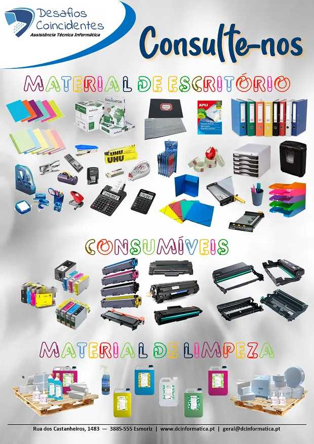 Cartaz Consulte-nos: material de escritório, consumíveis e material de limpeza