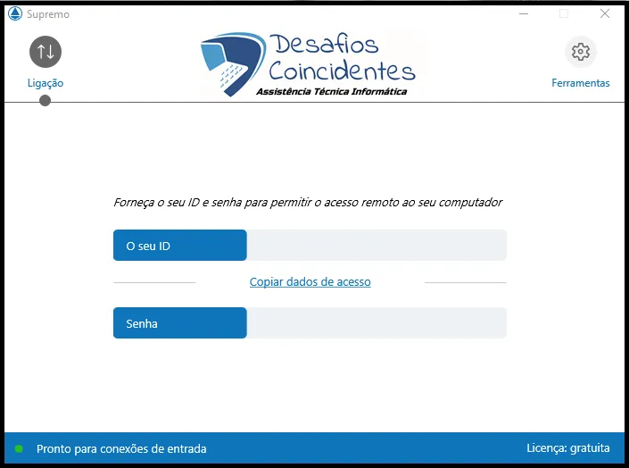 Janela do Supremo com o logótipo da Desafios Coincidentes, os campos O seu ID e Senha e a indicação Pronto para conexões de entrada